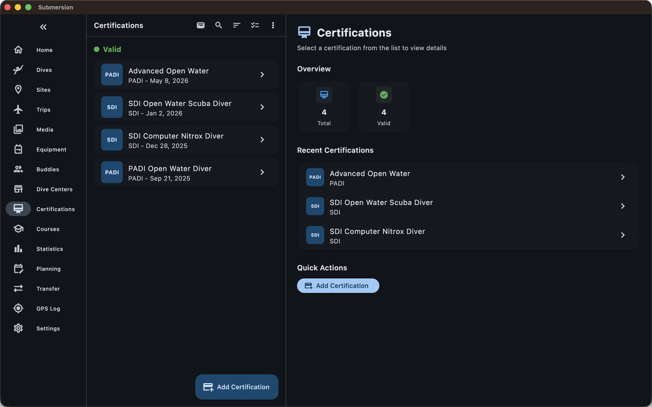Certifications list showing agency, level and validity for each card