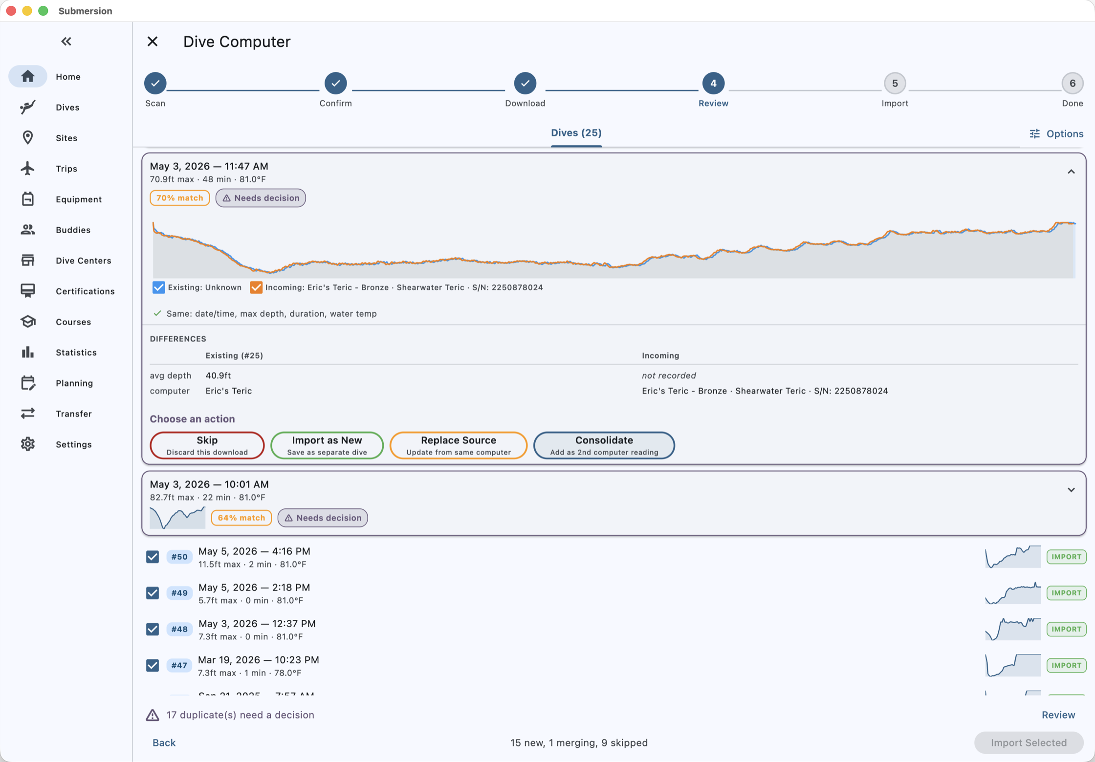 Dive computer download review step showing a 70 percent match against an existing dive, both profiles overlaid, and four resolution actions