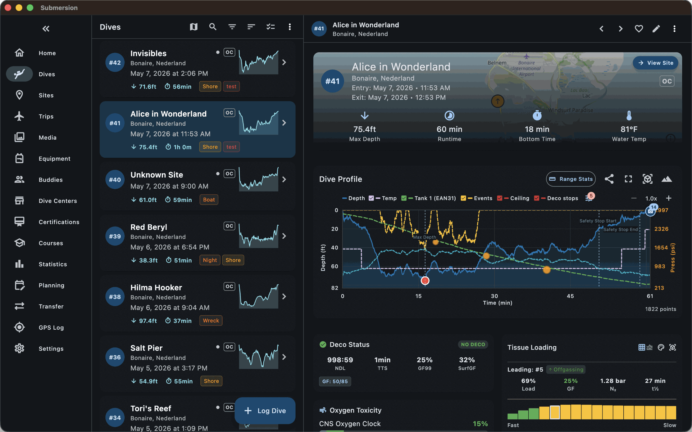 Submersion on macOS: the dive list beside a dive's detail with its profile, deco status and tissue loading