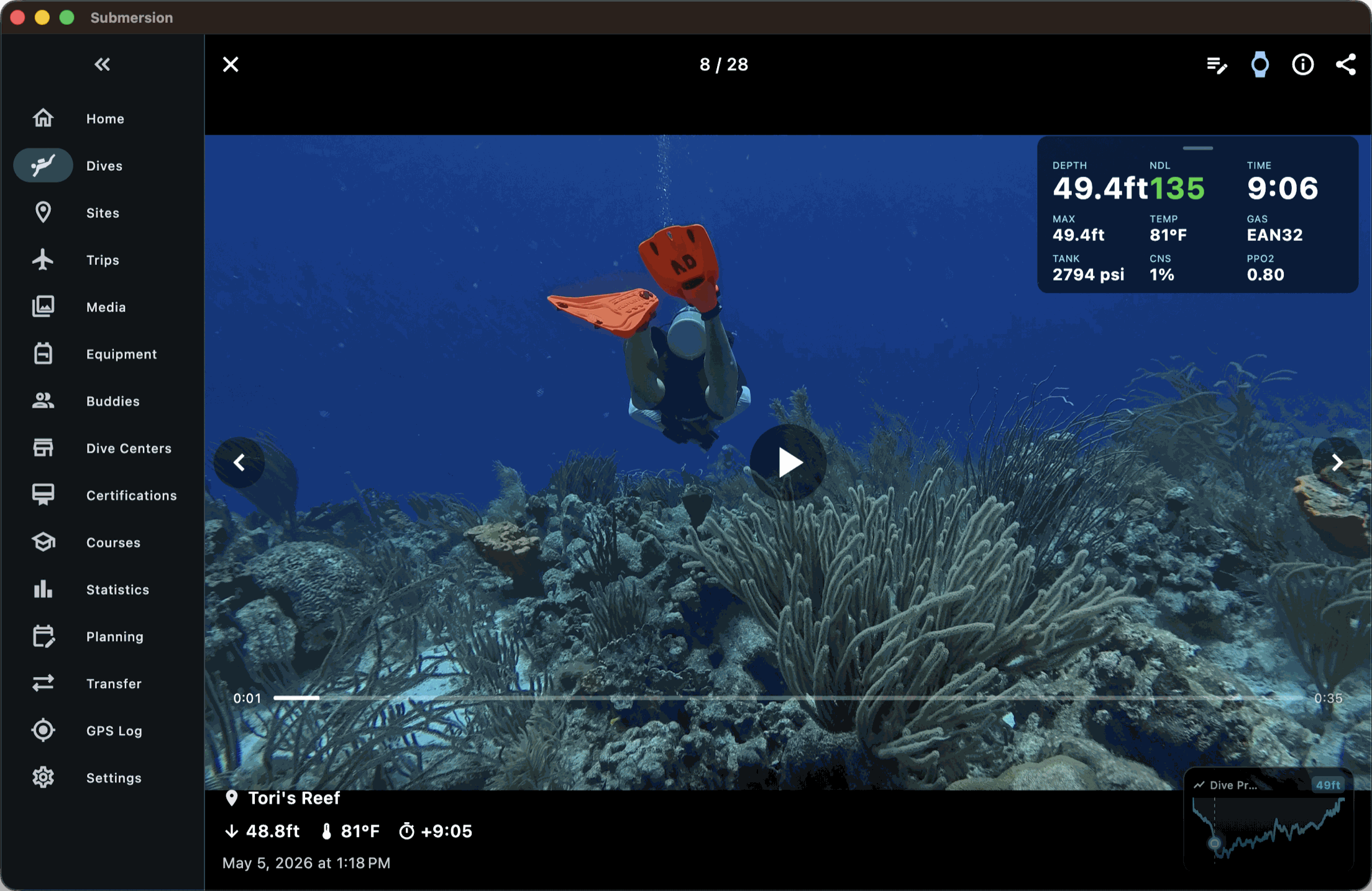 A dive video shown full screen with a dive computer face overlay reading depth, NDL, time, gas and tank pressure, and a small dive profile marking the moment it was taken