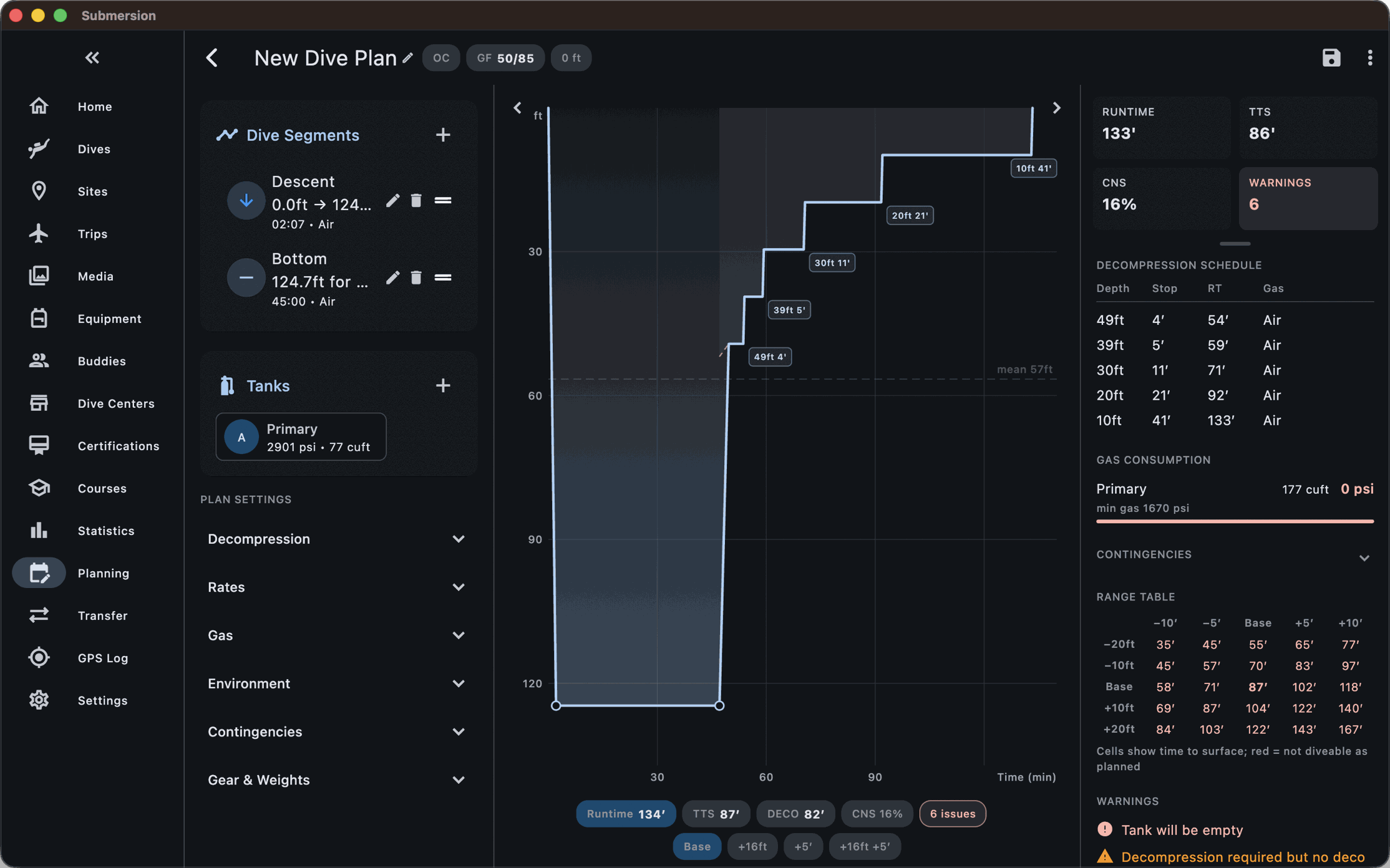 Dive planner with a multi-segment profile, gas list and decompression schedule