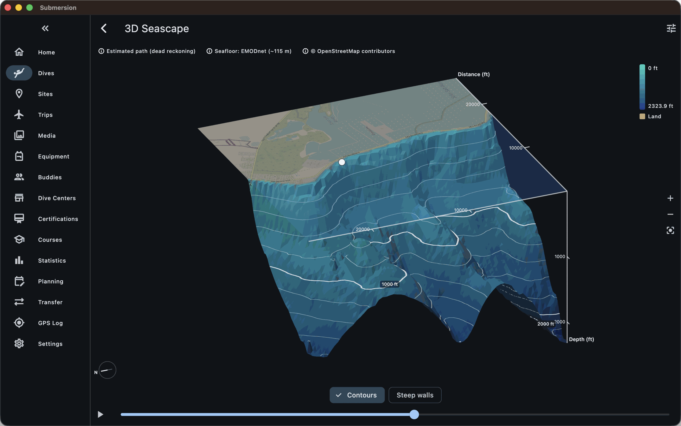 Three-dimensional seafloor terrain of a dive site with the dive's estimated path drawn on it