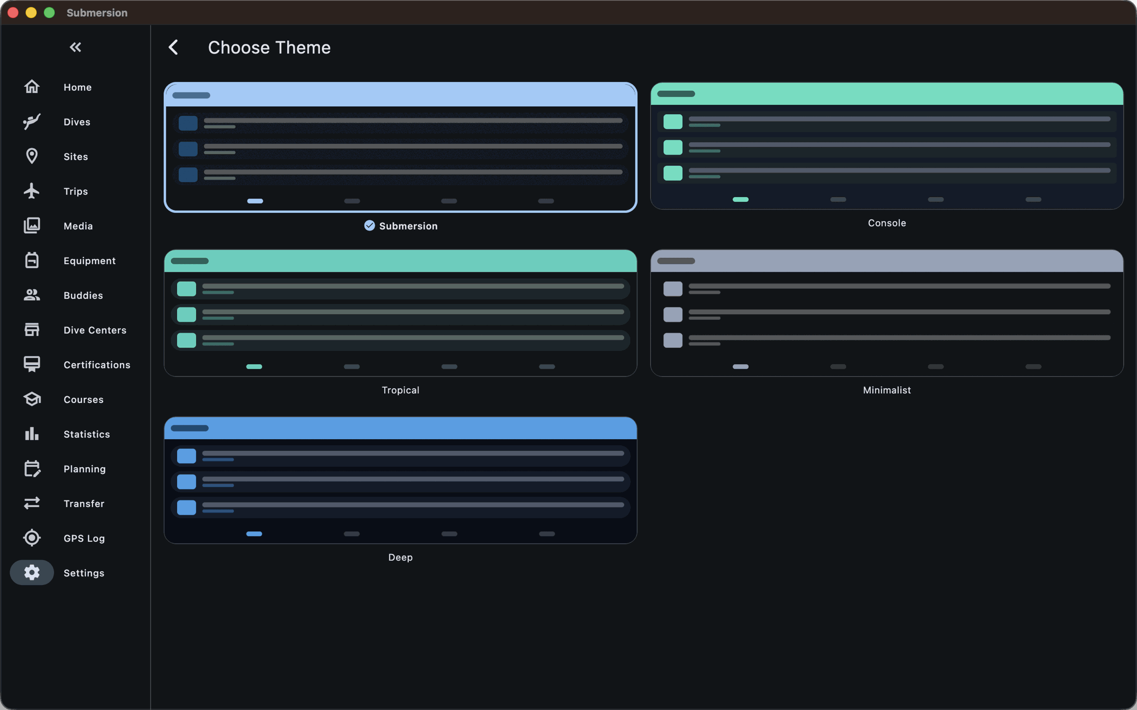 Theme gallery showing the five app themes
